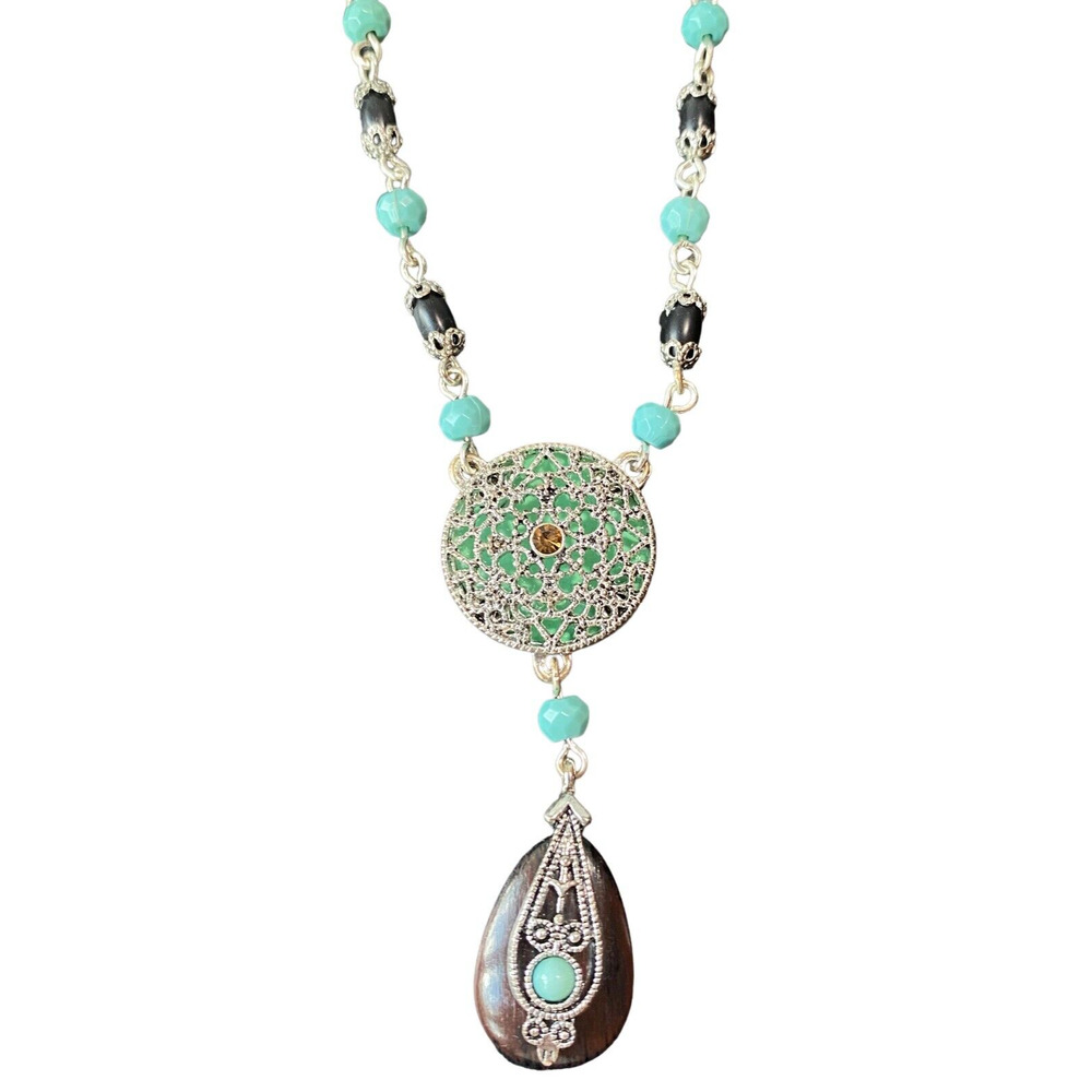 Nancy and Rise Avon Filigree Lariat Silver Jewelry Drop Blue/Black Bead Necklace